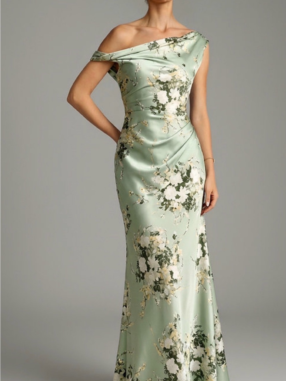 Azazie Mint Green One-Shoulder Floral Gown